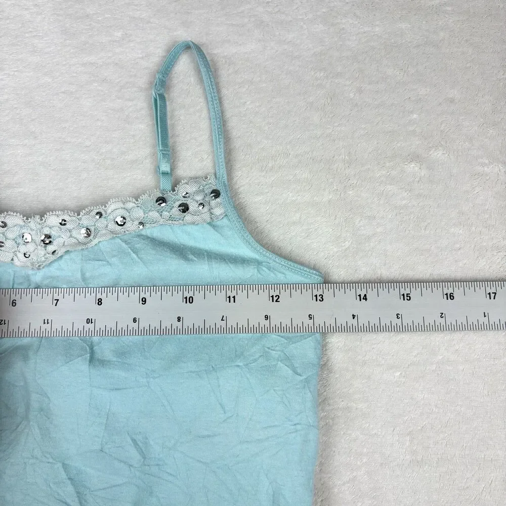 Vintage Y2K Justice Cami Top Girls S 10 Light Blue Krinkle Knit Lace Sequins 90s
